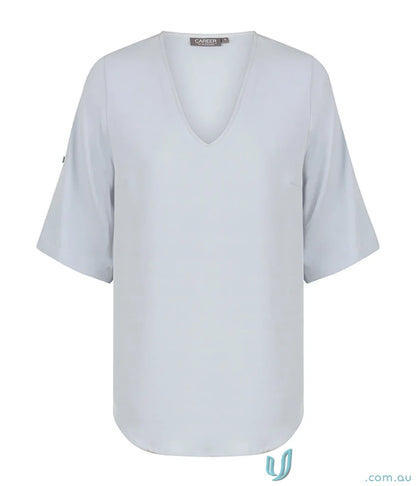 Light blue V-neck blouse from Reese-V Neck-Top, perfect for work uniforms or workwear
