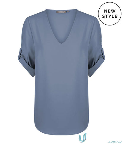 Blue V-neck blouse from Reese V Neck Top perfect for work uniforms or casual workwear