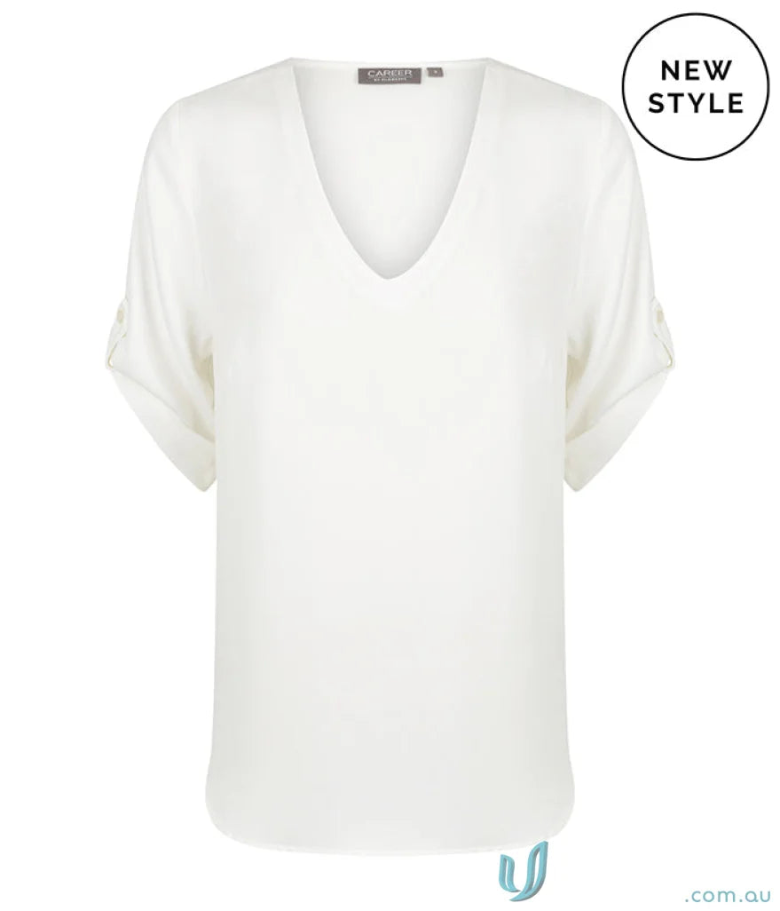 White V-neck blouse from Reese V Neck Top, perfect for work uniforms and workwear