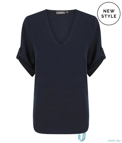 Reese V Neck Top navy blouse with cuffed sleeves perfect for workwear uniforms