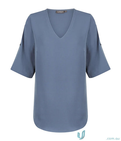 Blue V-neck blouse with short sleeves from Reese-V Neck-Top, perfect for work uniforms