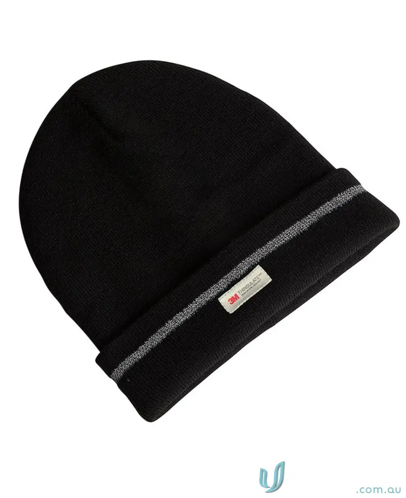 Black knit jbs reflective beanie with gray stripe and Thinsulate label for warmth