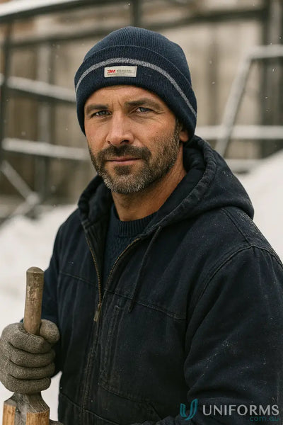 Man in JBS Reflective Beanie with jacket and gloves holding a wooden tool outdoors