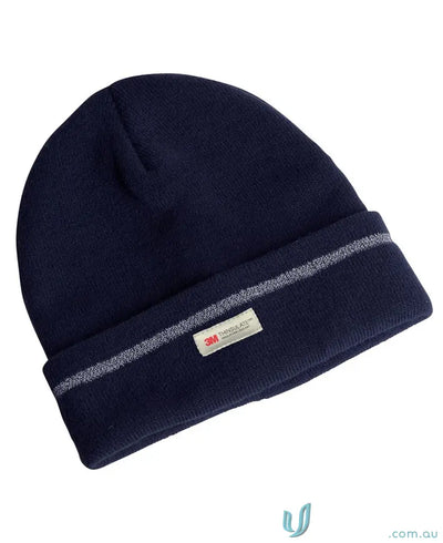 JBS Reflective Beanie with dark blue knit, silver stripe, and Thinsulate tag