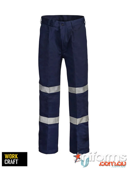 Navy blue work pants with reflective pleat cotton, cotton drill trouser, workcraft reflective pleat