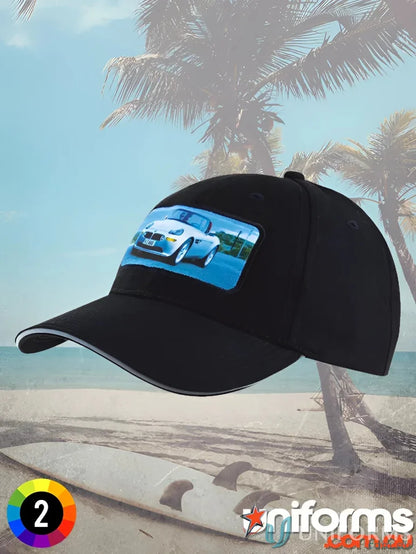 Black Reflective Sandwich Strap Cap with car image, perfect for uniforms and workwear