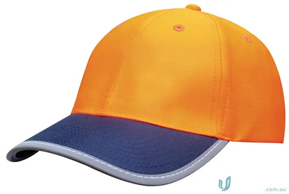 Orange and blue Reflective Trim Safety Cap for workwear, perfect for uniforms faq link