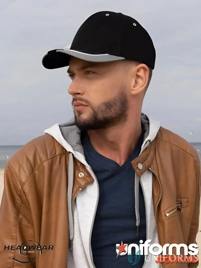 Black and silver baseball cap with reflective trim perfect for uniforms and workwear