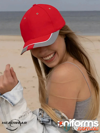 Red and gray baseball cap with reflective trim, perfect for uniforms and workwear