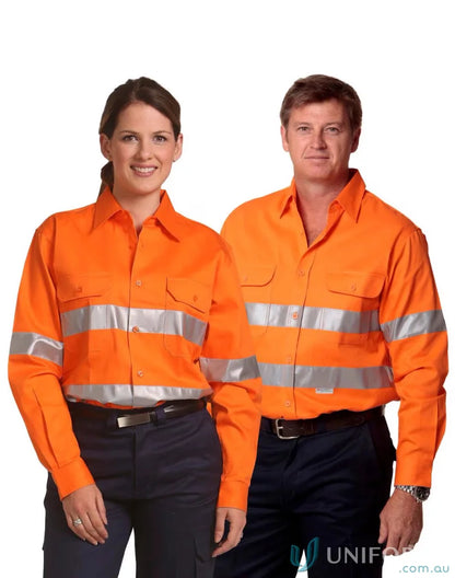 Orange high-visibility work shirts like the Regular Weight Taped LS Drill Shirt for drill safety shirt