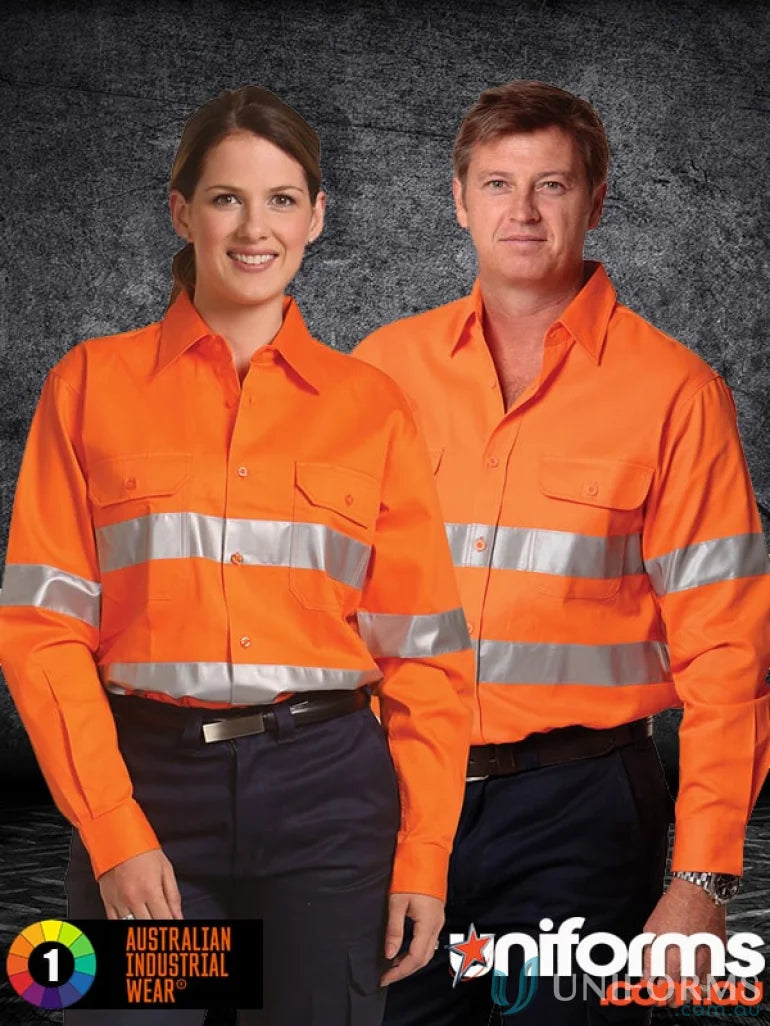 Orange high-visibility work shirts on Regular Weight Taped LS Drill Shirt for drill safety