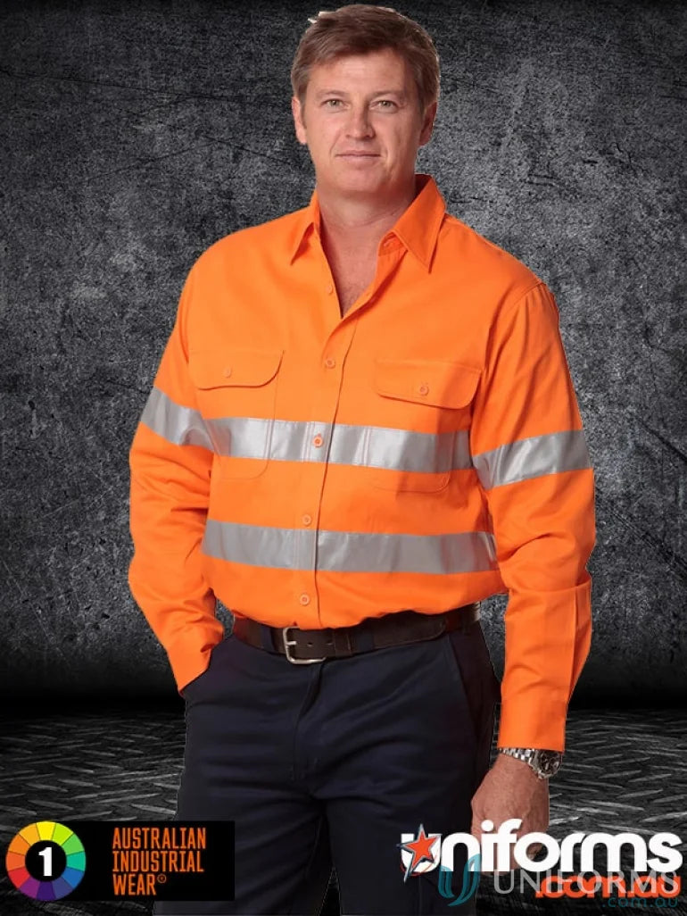 Orange high-visibility work shirt from Regular Weight Taped LS Drill Shirt for drill safety
