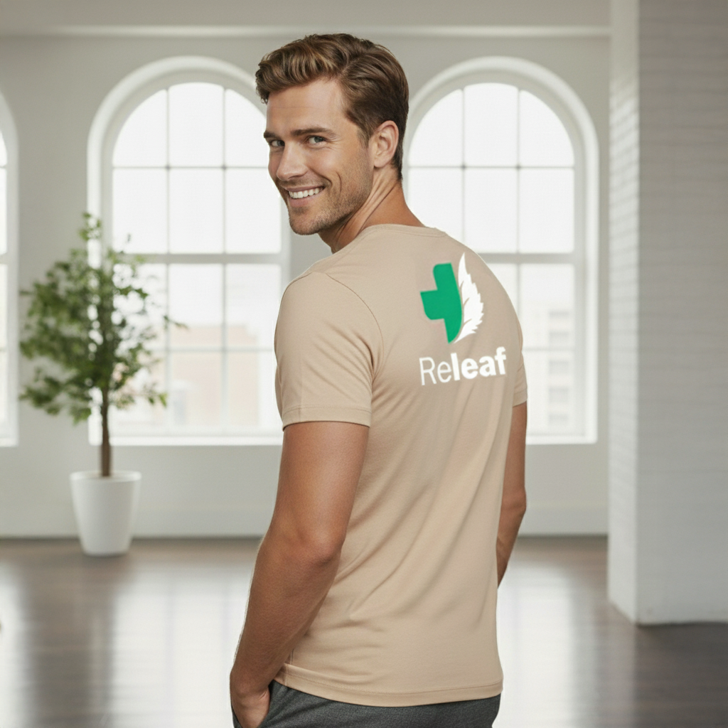 Beige Releaf spirit premium tee with Texas outline logo