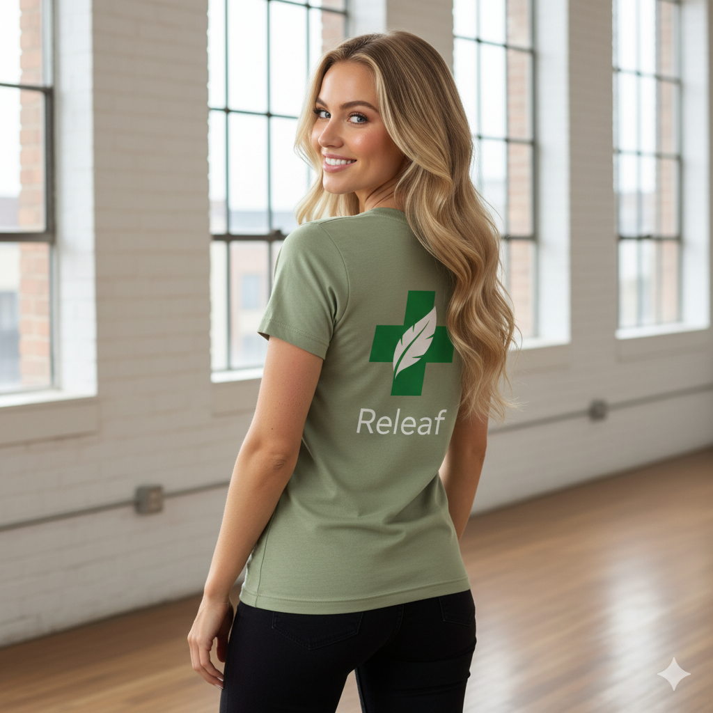 Olive green Releaf ladies premium t-shirt with leaf cross design