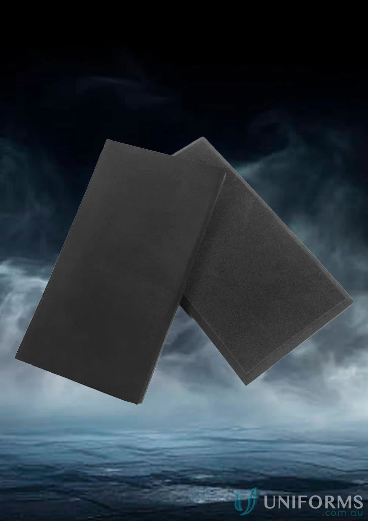 Two dark rectangular blocks from Removable Knee Pads made with tough EVI material for all-day comfort