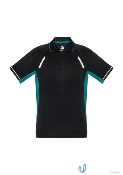 Black and teal men’s Renegade Polo from Biz Collection with UPF rating
