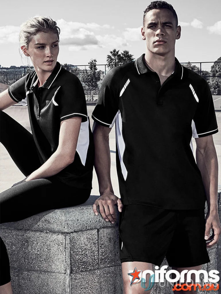 Matching black and white athletic wear for men’s Renegade Polo from Biz Collection with UPF rating