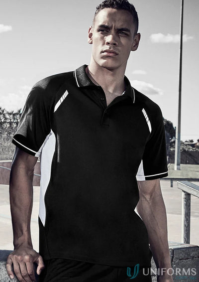 Black and white men’s Renegade Polo from Biz Collection with UPF rating