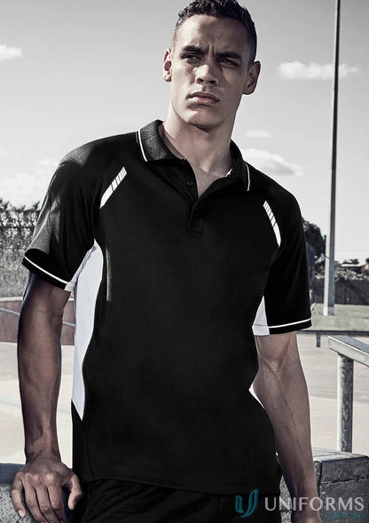 Black and white men’s Renegade Polo from Biz Collection with UPF rating
