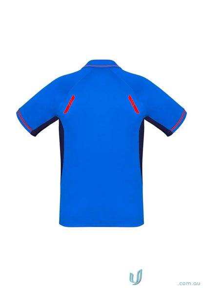 Men’s Renegade Polo from Biz Collection in blue and navy with red trim, UPF rated