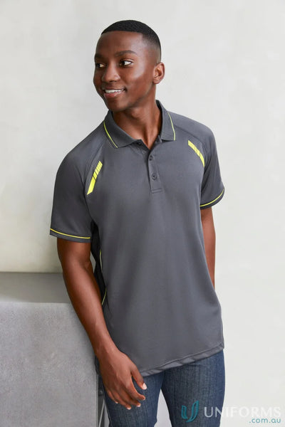 Men’s Renegade Polo from Biz Collection with UPF rating and neon yellow accents