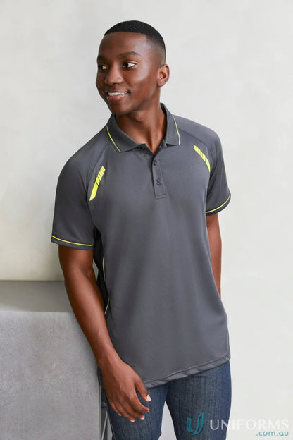 Men’s Renegade Polo from Biz Collection with UPF rating and neon yellow accents