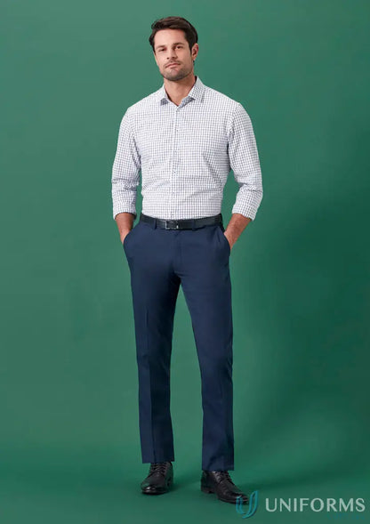 Man wearing Renew Adjustable Waist Straight Leg Pant in plaid shirt and dark trousers