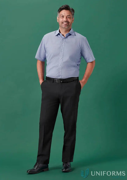 Man wearing Renew Adjustable Waist Straight Leg Pant in black dress shirt and shoes