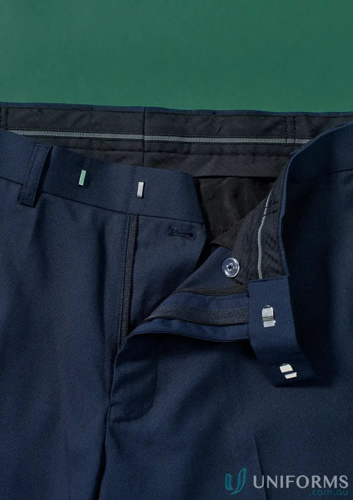 Unzipped Navy Blue Renew Adjustable Waist Straight Leg Pant with button and hook closure