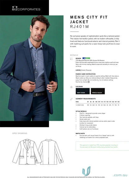 Renew City Fit jacket for men in navy blue made with recycled polyester, perfect for hospitality teams