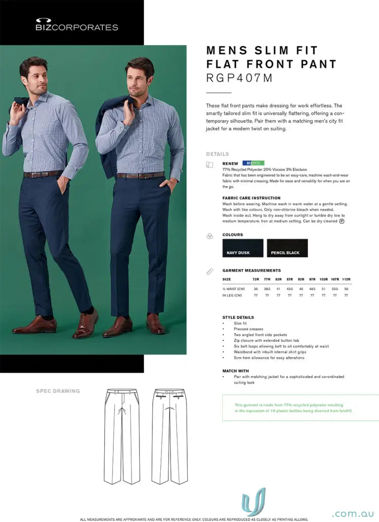 Renew Slim Fit Flat Front Pants made with recycled polyester for stylish corporate settings