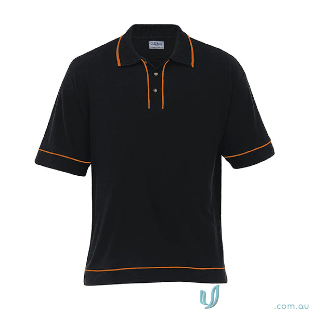 Black polo shirt with orange contrast piping from Retro Waffle Polo, perfect for uniforms or workwear