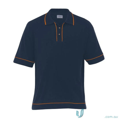 Navy Retro Waffle Polo shirt with contrast piping and orange trim, ideal workwear or uniforms
