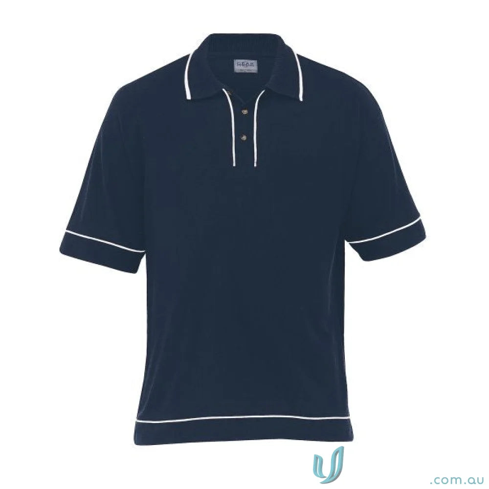 Retro Waffle Polo featuring navy color with contrast piping, perfect for uniforms and workwear