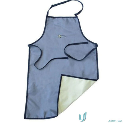 Gray apron with pockets showcasing puncture resistance and ASTM F1342-05 standards