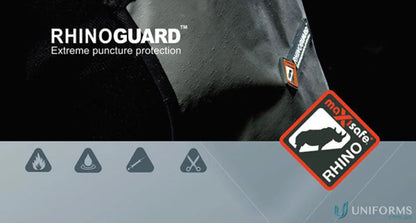 Puncture-resistant Rhinoguard Full Length Apron with safety icons showing ASTM F1342-05 durability