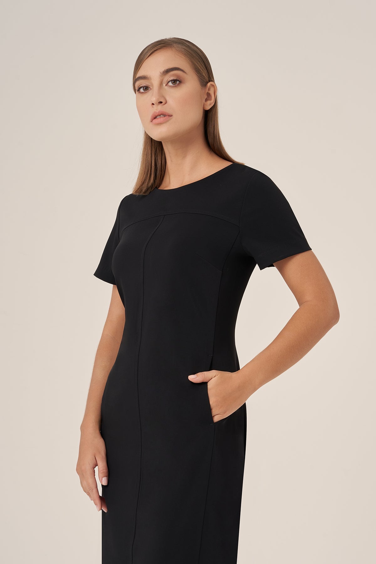 Black Riley dress FDR461 with short sleeves and pocket detail