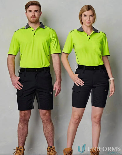 Two people modeling neon yellow ripstop stretch work polo shirts with black cargo shorts