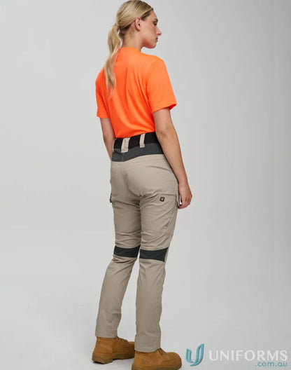 Women’s beige ripstop stretch work pants with black knee patches and multiple load-bearing pockets