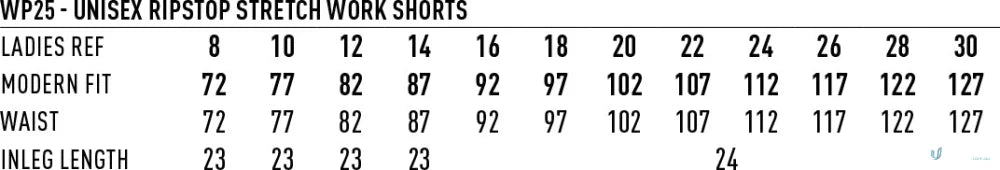 Women’s ripstop stretch work shorts size chart with waist, inseam, and load-bearing pockets