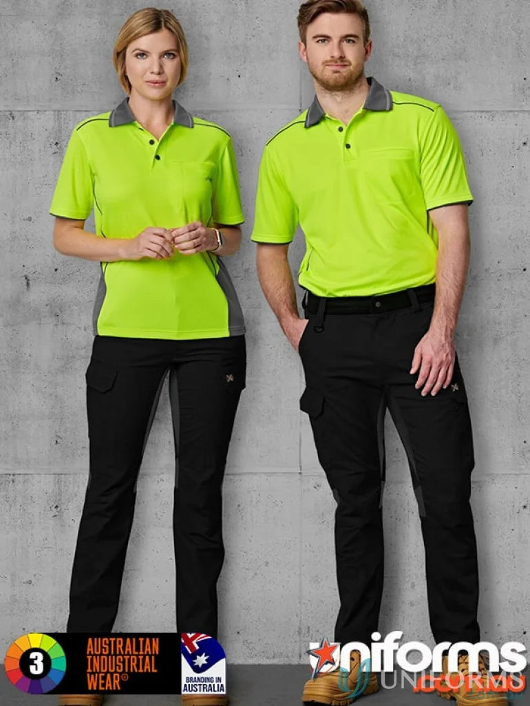 Two models in bright yellow polo shirts with dark grey accents and Ripstop Stretch Work Pants