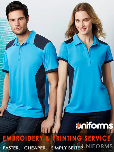 Matching blue and black Rival Polo shirts for business collection or corporate teams