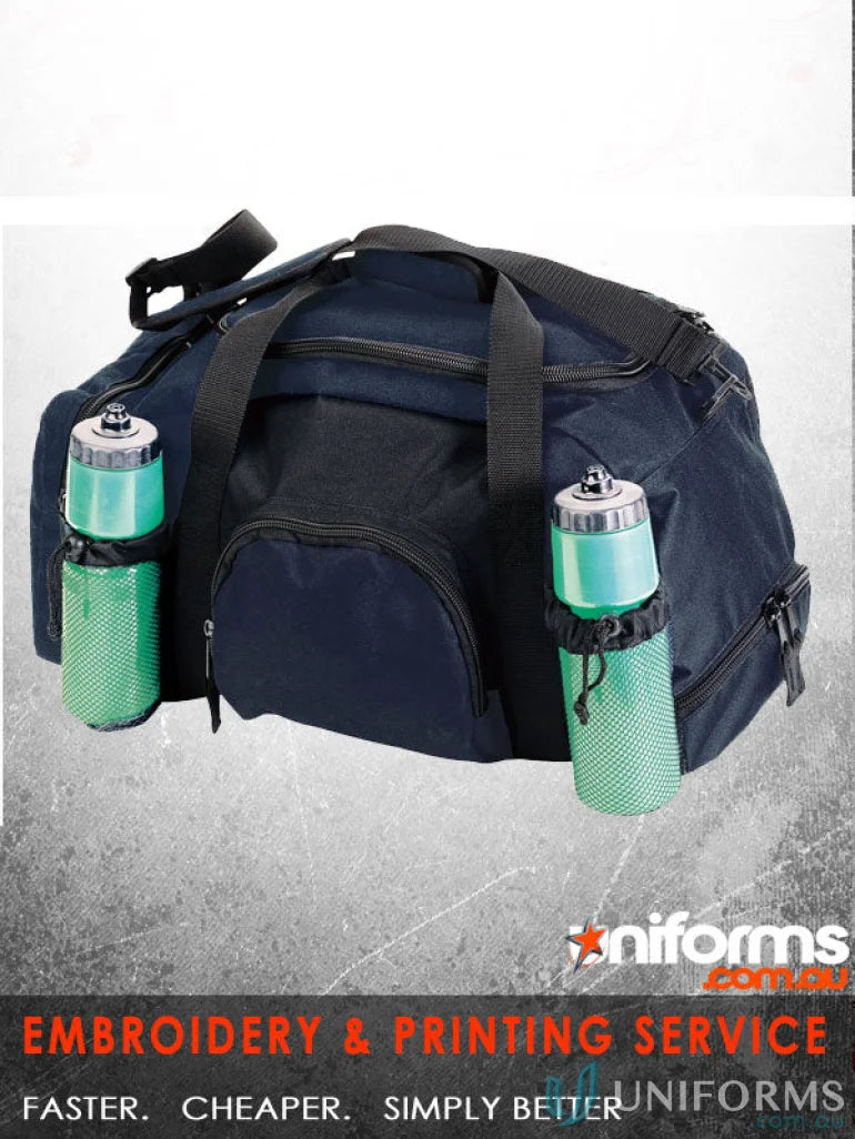 Navy blue duffel bag with zippered end for Road Trip Sports Bag orders requiring durability