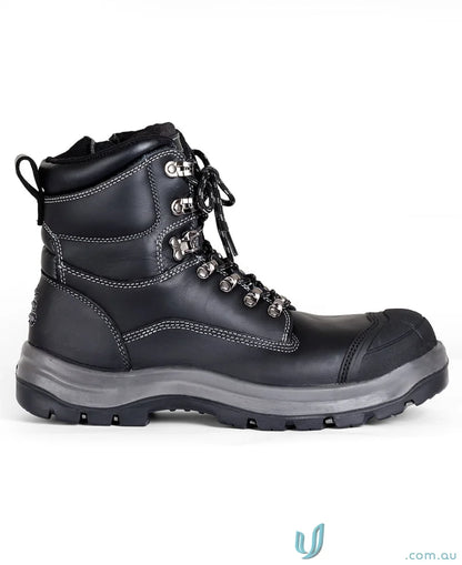 Black leather work boot with durable sole for uniforms and workwear, Roadtrain Side Zip Safety Boot