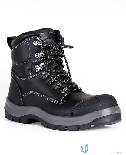 Black leather work boot with rugged sole, perfect for Roadtrain Side Zip Safety Boot and workwear