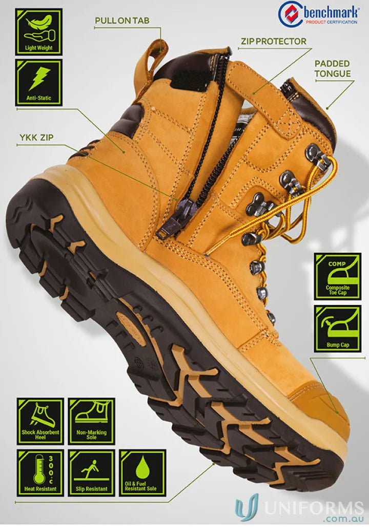 Tan work boot with zipper from Roadtrain Side Zip Safety Boot, perfect for workwear and soles