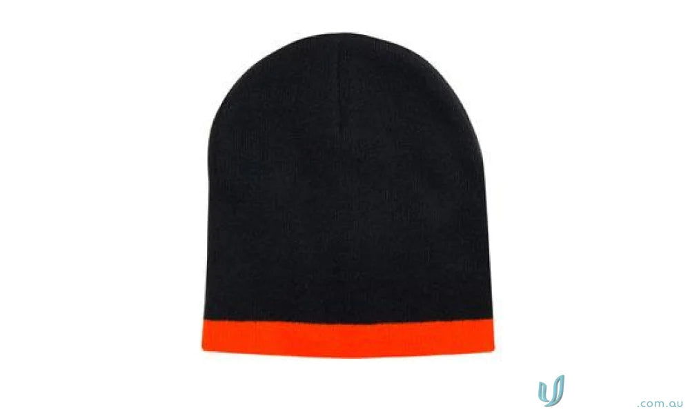 Black two tone acrylic beanie with orange trim from Roll Down Two Tone Acrylic Beanie collection