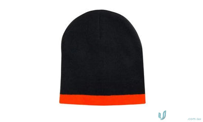 Black two tone acrylic beanie with orange trim from Roll Down Two Tone Acrylic Beanie collection