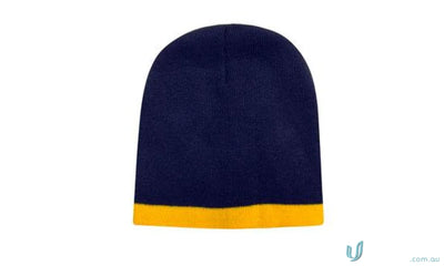 Navy and gold two tone acrylic beanie displayed on Roll Down Two Tone Acrylic Beanie Toque