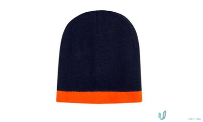 Navy and orange two tone acrylic beanie, perfect roll down acrylic beanie style